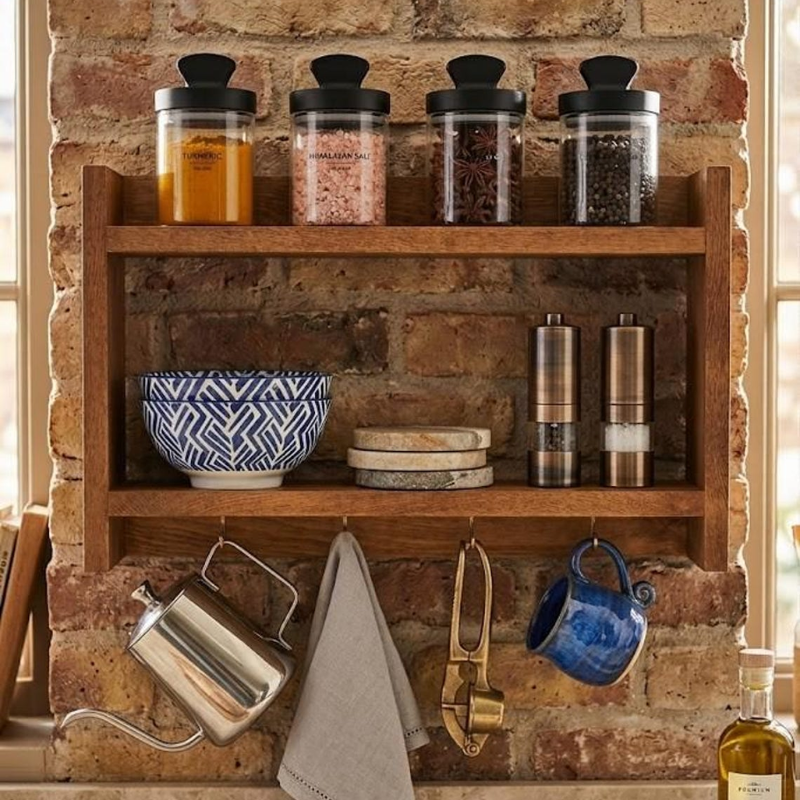 Handmade Wooden Spice Rack with Mug Hooks
