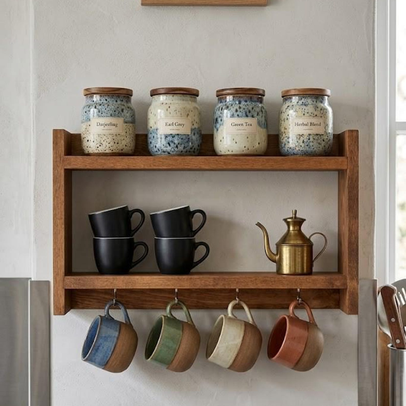 Handmade Wooden Spice Rack with Mug Hooks