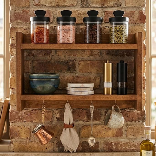 Handmade Wooden Spice Rack with Mug Hooks