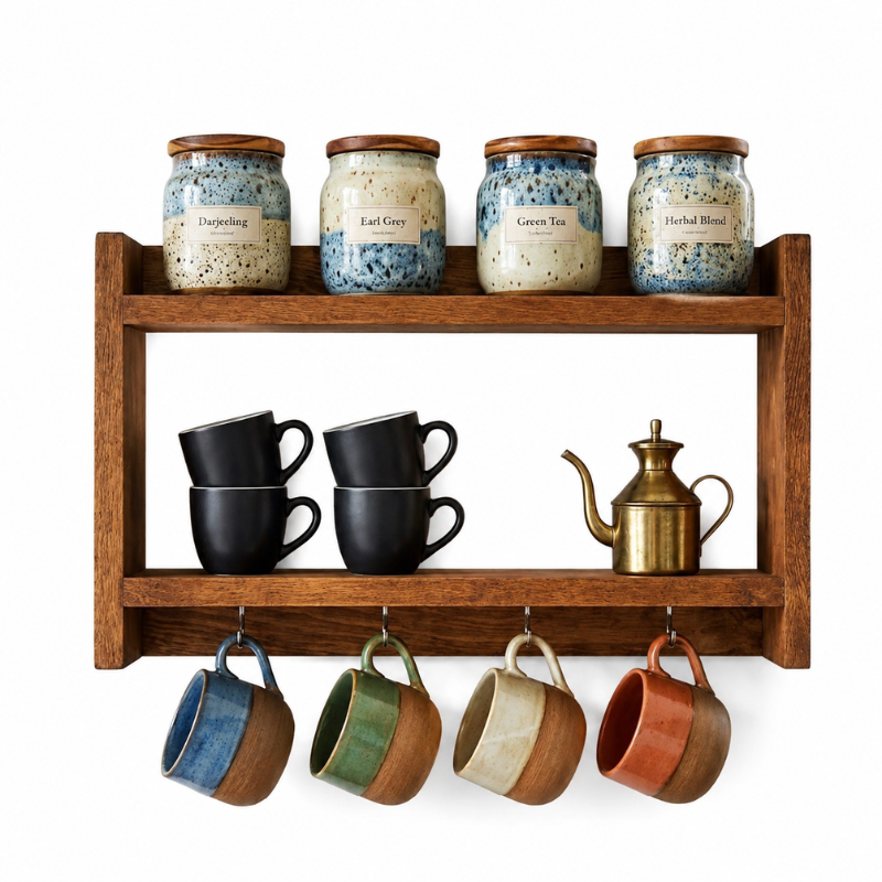 Handmade Wooden Spice Rack with Mug Hooks