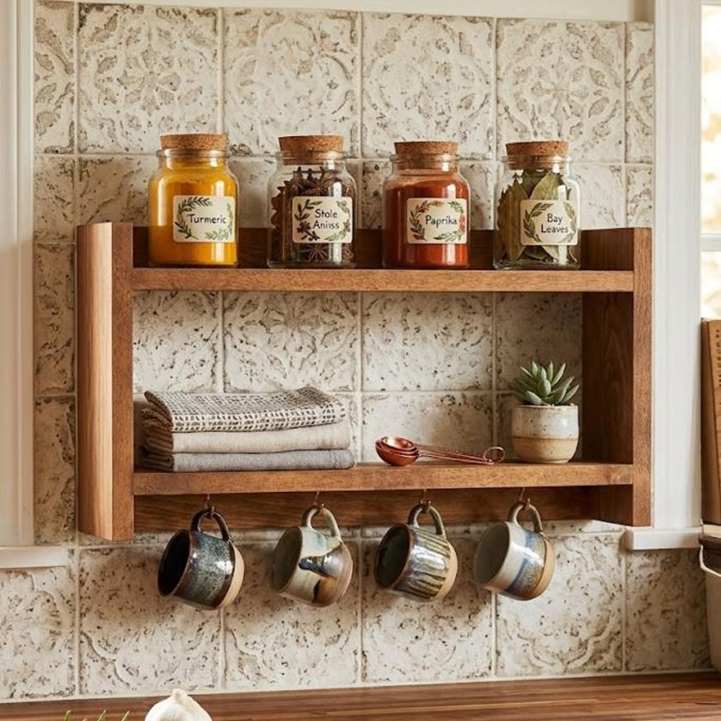 Handmade Wooden Spice Rack with Mug Hooks