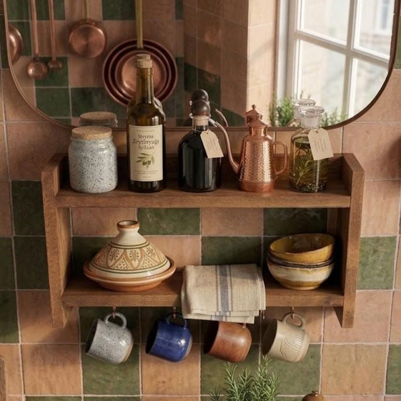 Handmade Wooden Spice Rack with Mug Hooks