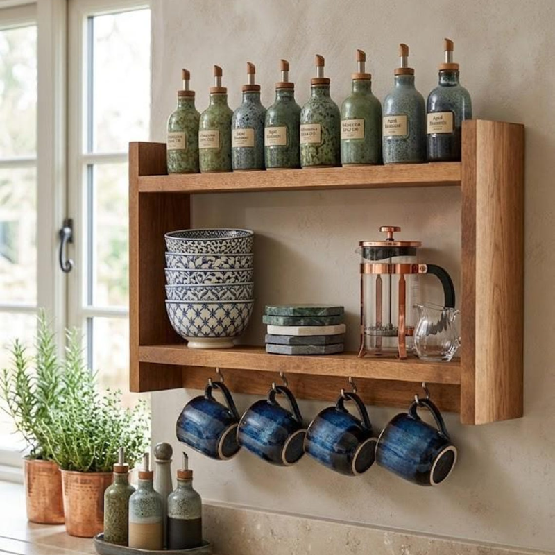 Handmade Wooden Spice Rack with Mug Hooks