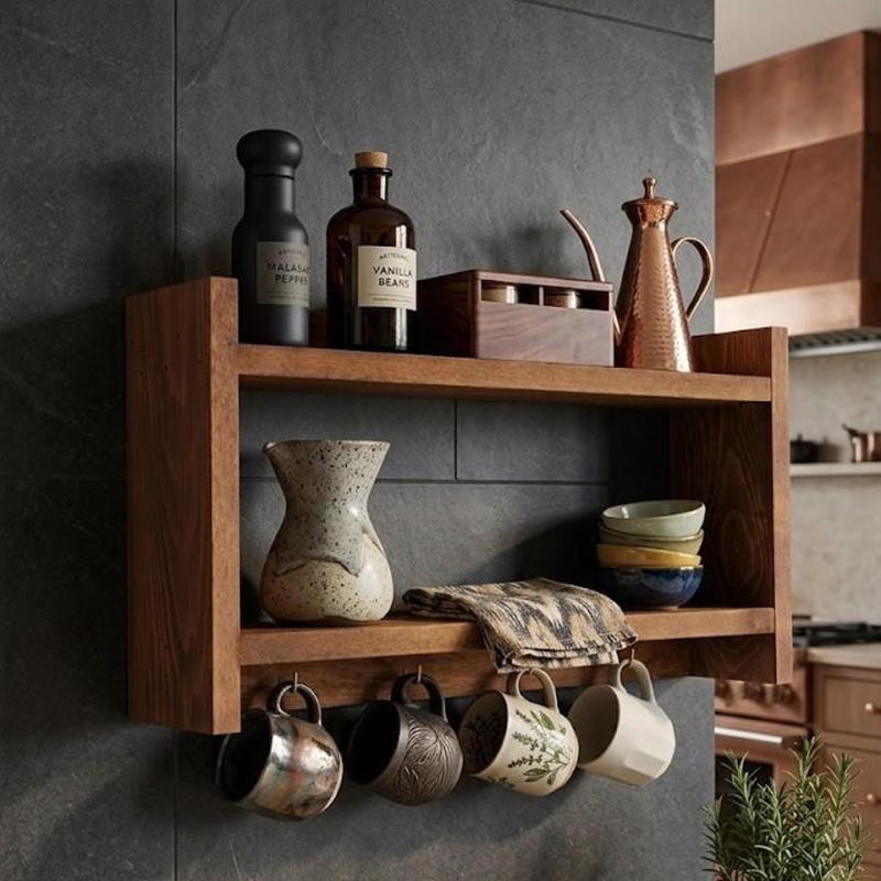 Handmade Wooden Spice Rack with Mug Hooks