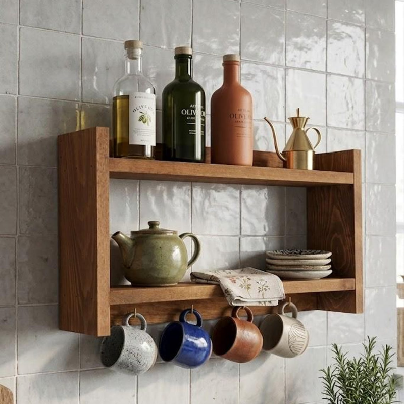 Handmade Wooden Spice Rack with Mug Hooks