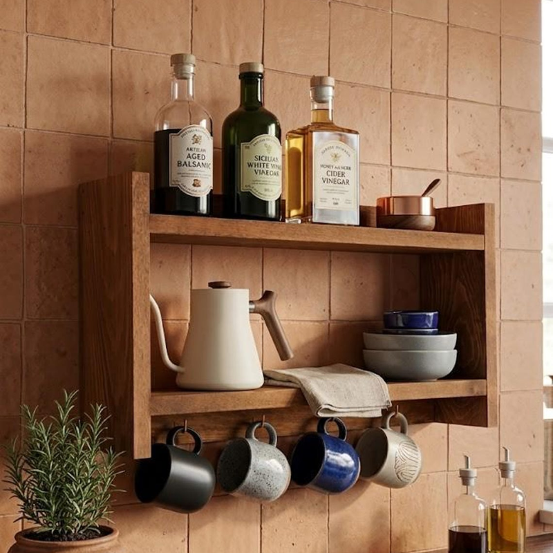 Handmade Wooden Spice Rack with Mug Hooks
