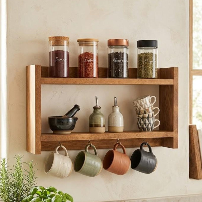 Handmade Wooden Spice Rack with Mug Hooks